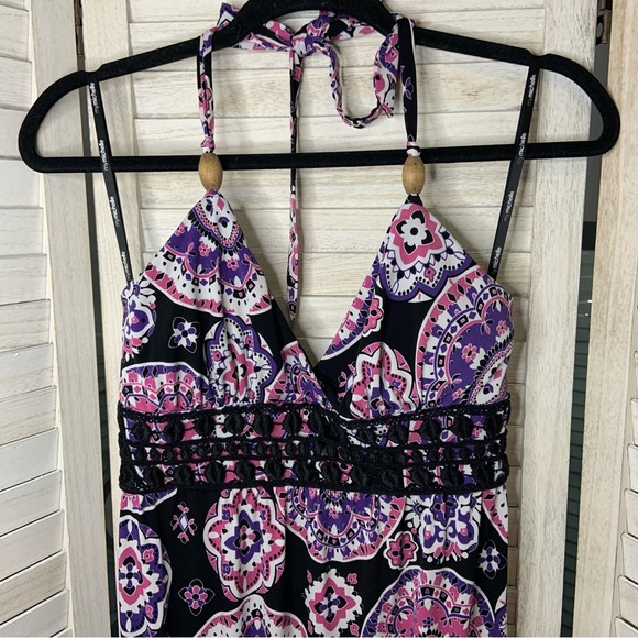 My Michelle Pink Purple Floral Geometric Print Halter Neck A Line Maxi Sundress - Picture 3 of 8